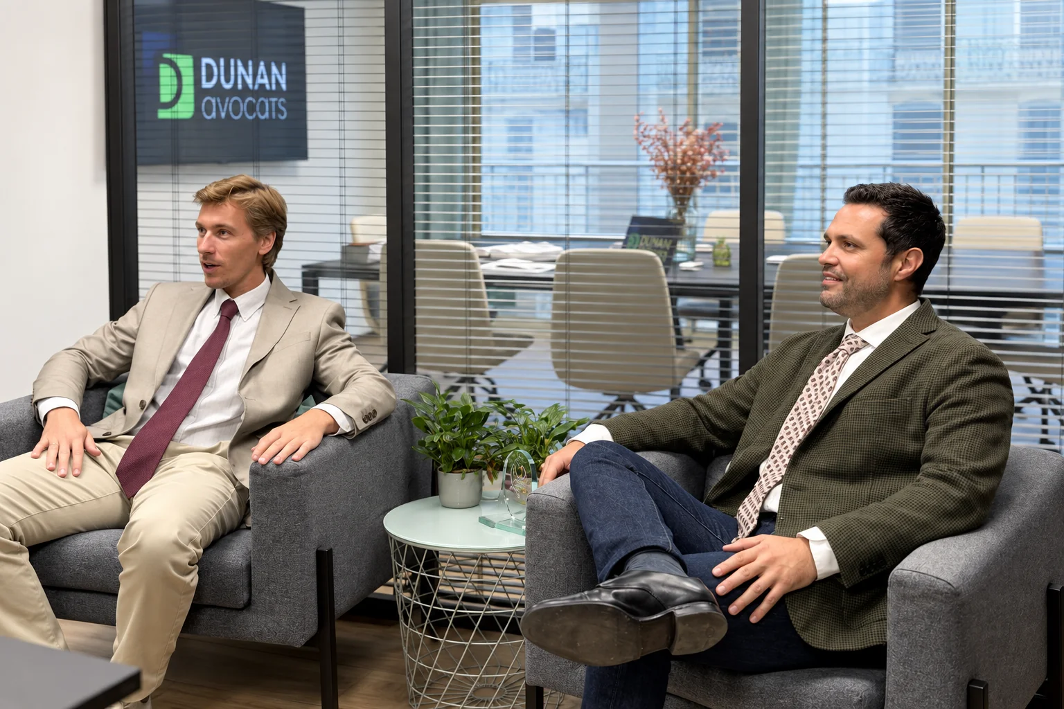 Échange entre avocats dans l'espace d'accueil du cabinet DUNAN AVOCATS à Toulon